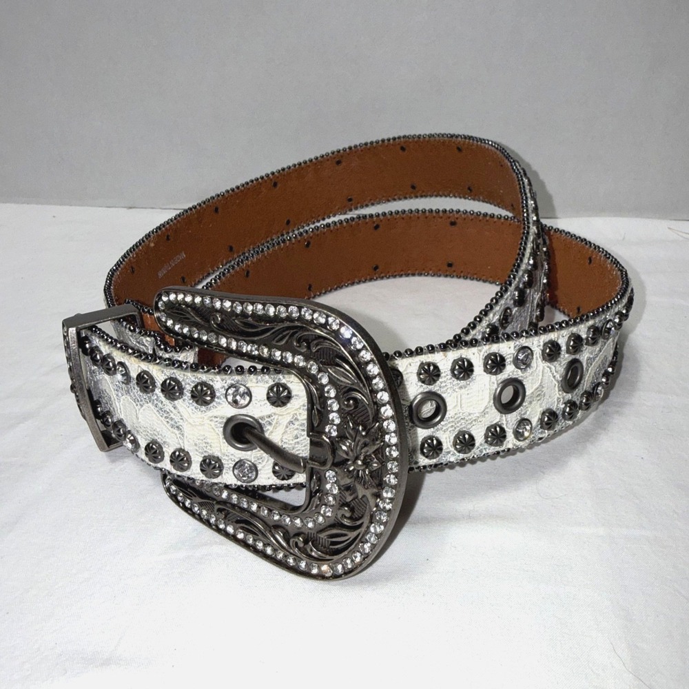 Shyanne Leather Belt Women XL Brown White Lace Rhinestone Studded Western Bling